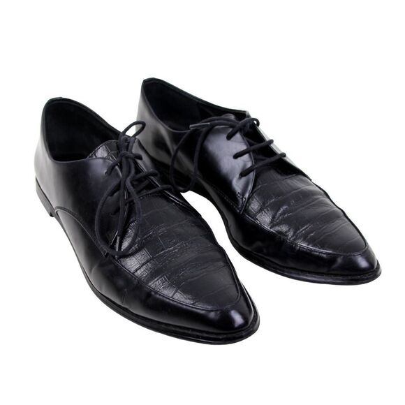 SABA BLACK GENUINE LEATHER CROCO PRINT LACE LOW HEEL POINTED TOE OXFORD SHOES 39 - Picture 2 of 11